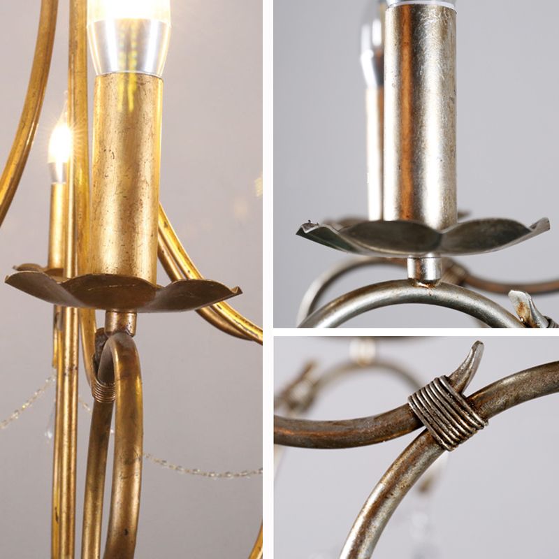 Metal Candle Chandelier Lamp Retro 6 Bulbs Silver/Gold Pendant Lighting Fixture with Crystal Teardrop for Dining Room