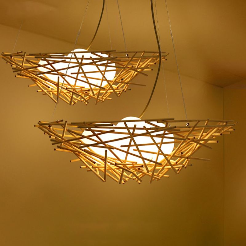 Birdnest Suspension Pendant Contemporary Wood 1 Bulb Beige Hanging Light Kit, 16.5"/24.5" Wide