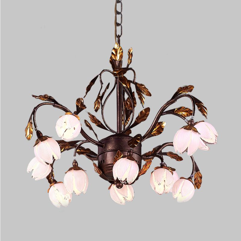 Purple Glass Blossom Chandelier Country Style 12 Heads Dining Room Pendant Light Fixture in Brown