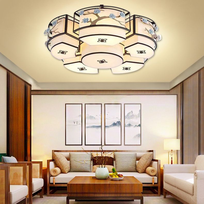 Fabric Circle Close to Ceiling Lighting Traditional Living Room Ceiling Flush Mount in Blue