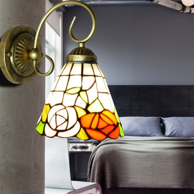 Rose Stained Glass Wall Light Fixture Tiffany 1 Head Antique Bronze Sconce Lighting