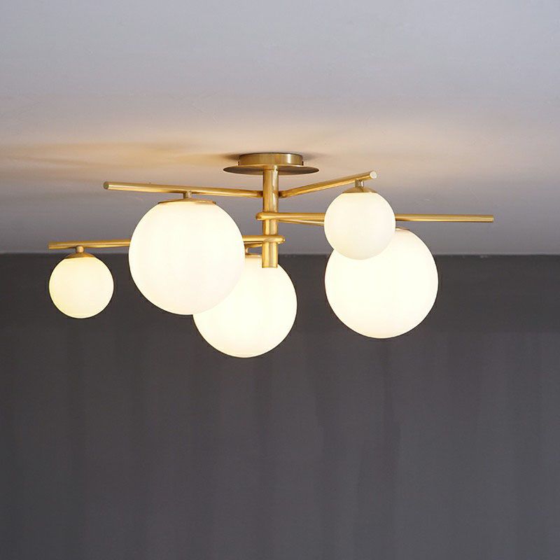 Simplicity 6-Light Semi Flush Mount Lamp Gold Sputnik Ceiling Light with Ball White Glass Shade