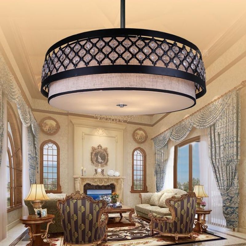 Hand Sewn Fabric Drum Pendant Farmhouse 5-Light Bedroom Chandelier Lighting with Crystal Detailing Cage Guard, Black