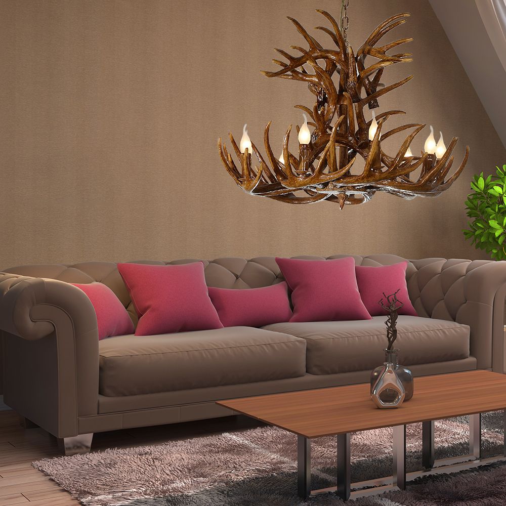 9 Lichter Harz Kronleuchter Lampe Land braune Geweihen Wohnzimmer Down Lighting Anhänger