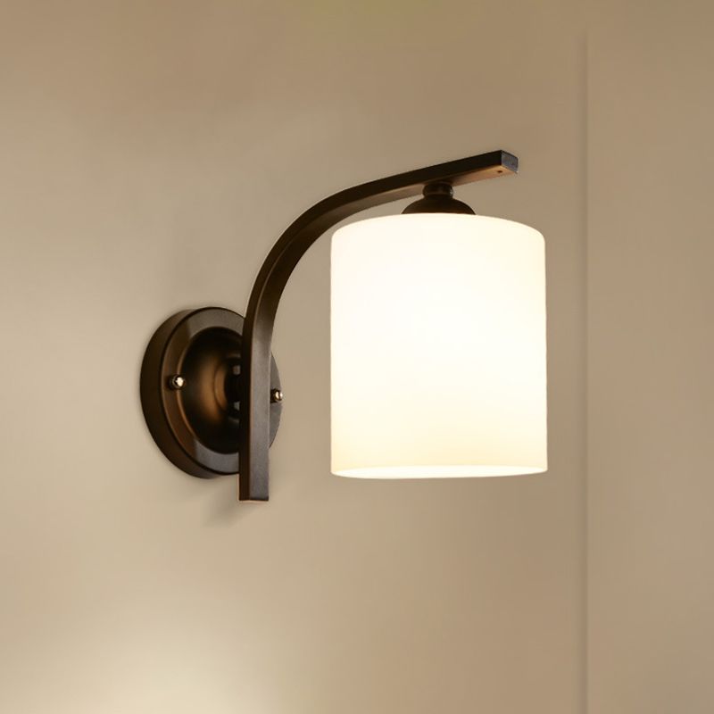 Cylindrical White Glass Wall Sconce Vintage 1 Head Aisle Wall Light with Curved Arm in Black