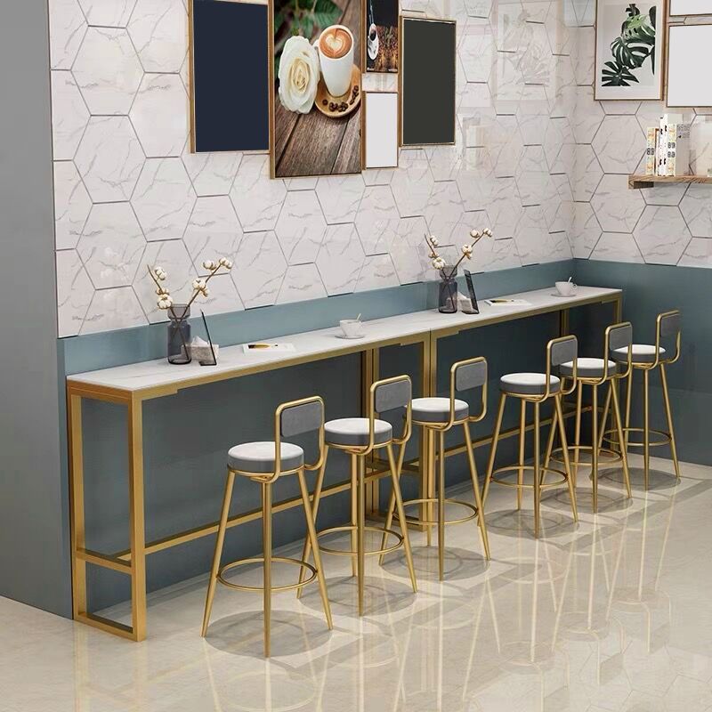 Grey Upholstered Dining Stool Low Back Bar Stool with Gold Metal Base