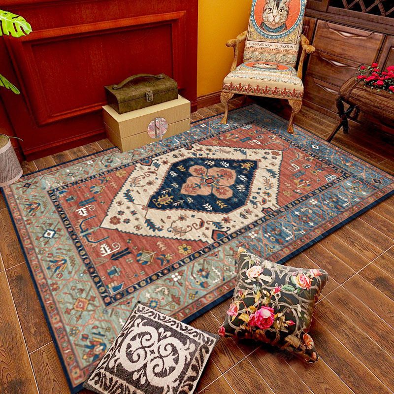 Red Tone Traditional Rug Retro Flower Print Carpet Stain Resistant Carpet for Living Room