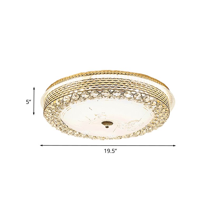 LED Round Flush Mount Modernism Gold Metal Ceiling Light with Crystal Accent and Dome Opal Glass Shade