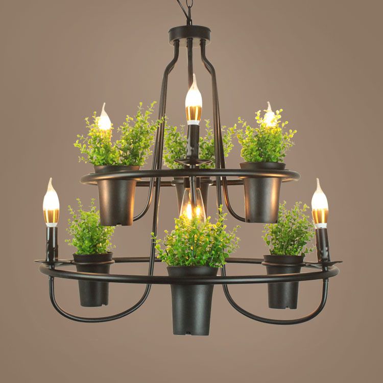 Green Artificial Pot Plant Pendant Lighting Industrial Metal 3 Bulbs Restaurant Chandelier