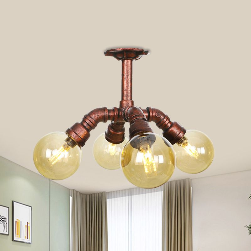 Farmhouse Global Semi Mount Lighting Luminaire encastré à LED en verre ambré à 4/5/6 lumières en cuivre