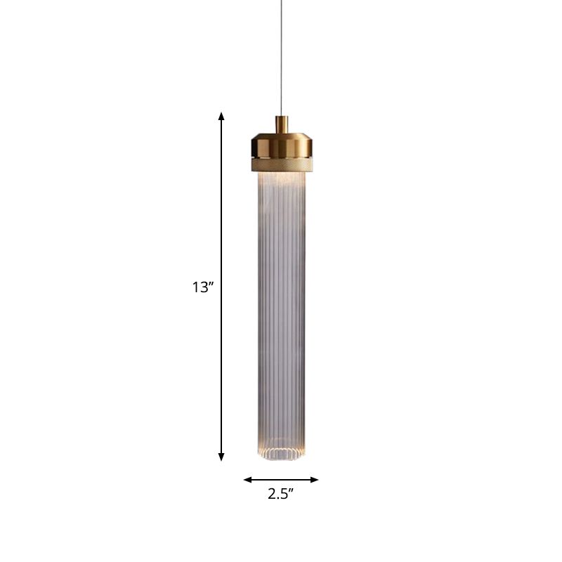 Clear Fluted Glass Tube Pendant Light Simplicity 1 Bulb Gold Hanging Ceiling Light over Dining Table