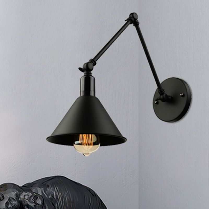 1 Kopfwandlampe mit konischer Schatten und Schwung Arm Metallic Loft Style Innenleuchte in Schwarz/Weiß
