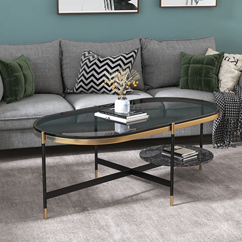 17.7" Tall Modern Metal Cross Leg Base Glass Oval Coffee Table with Shelf
