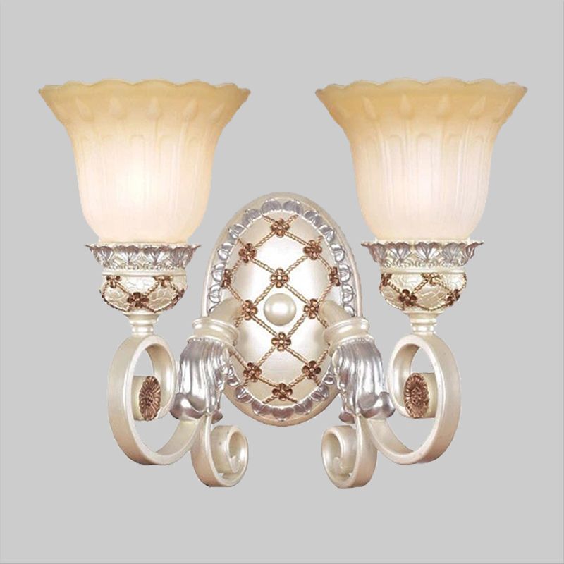 French Country Blossom Wall Sconce 1/2-Light Opaline Glass Wall Lighting Idea with Swirl Arm in Gold
