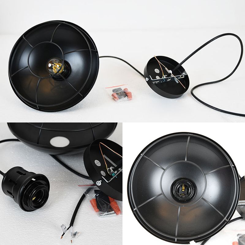 Dome Caged Metal Pendant Lamp Vintage 1 Bulb Kitchen Island Hanging Light Fixture in Black