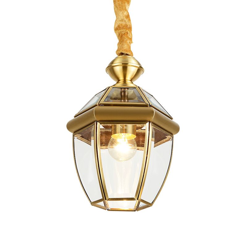 Costilería de vidrio transparente hexagonal Cobrante retro Kit de lámpara colgante de 1 luz en oro