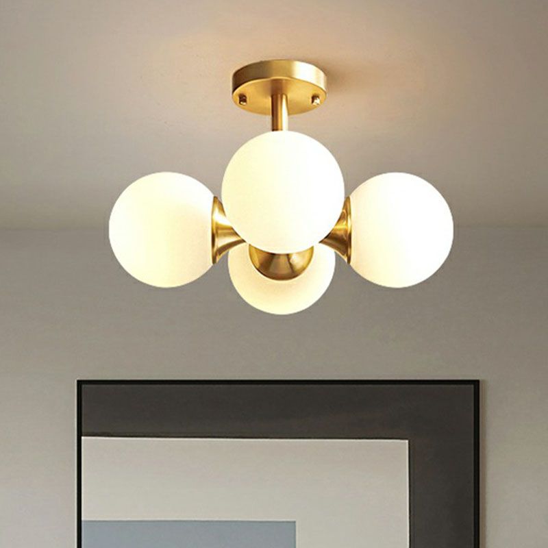 4 Lights Bedroom Ceiling Fixture Minimalist Gold Finish Semi Mount Lighting with Globe Opal Glass Shade