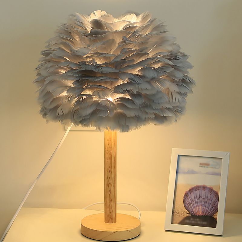 Feather Flower-Like Night Lamp Modern 1-Light Grey/Blue/Burgundy and Wood Table Light for Bedroom
