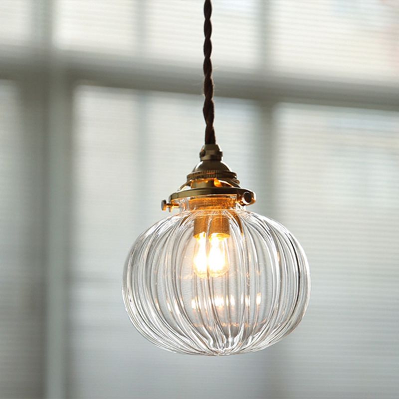 Brass Lamp Holder Pumpkin-shaped Hanging Light Modern Style Simplicity Glass Pendant for Bedroom Dining Room