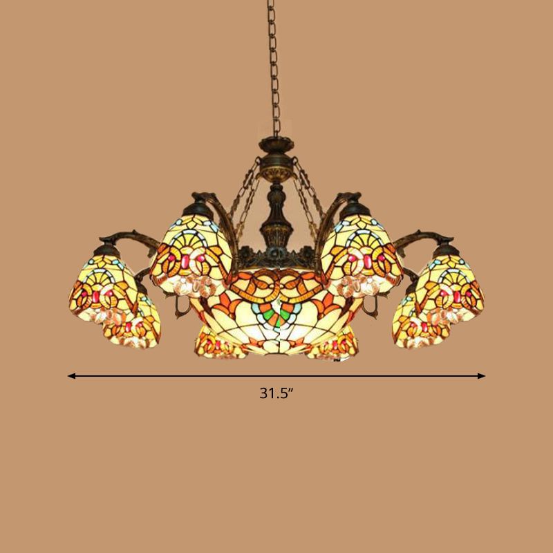 8/11 Lights Living Room Ceiling Chandelier Mediterranean Brown Pendant Lamp with Flower Stained Glass Shade