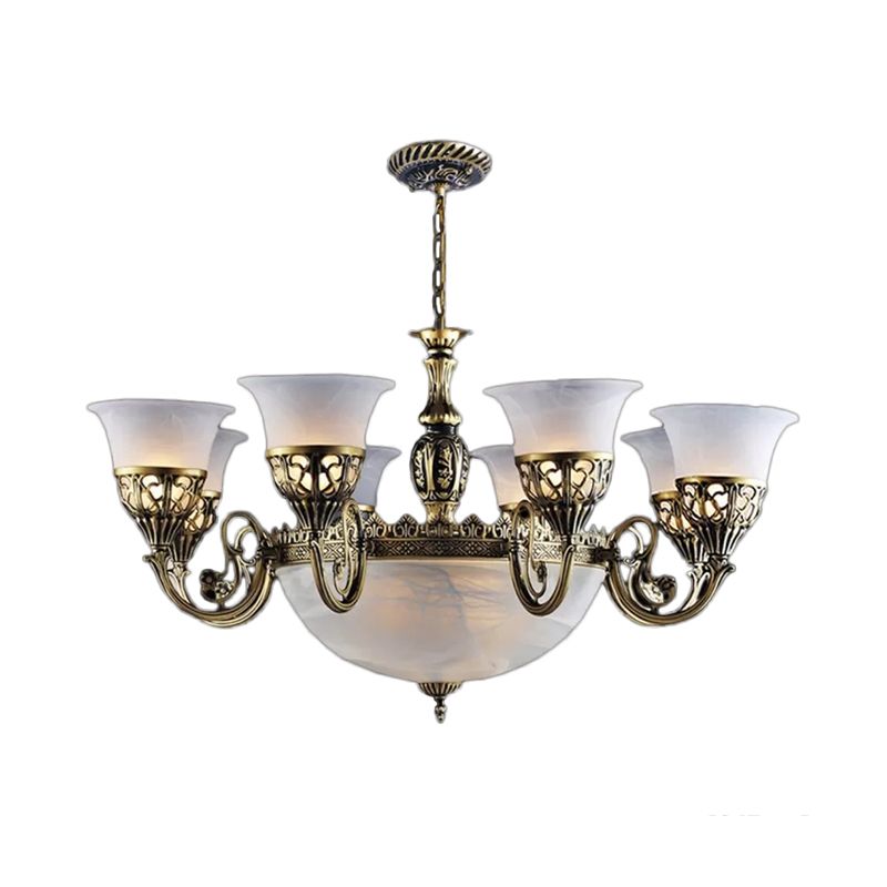 11 Lights Frosted White Glass Hanging Lamp Rustic Bronze Bell Dining Room Chandelier Light