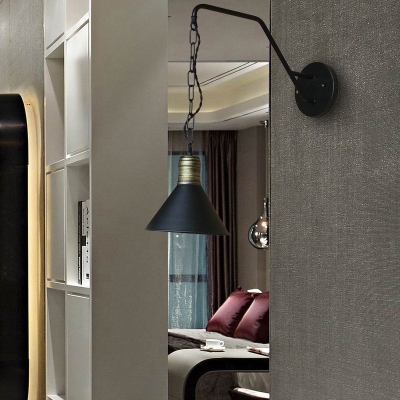 Schwarze konische Wandbeleuchtung Industrial Retro Iron 1 Light Esszimmerleuchte mit Kette