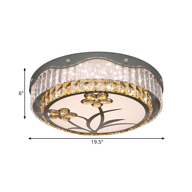 Drum Bedchamber Ceiling Lamp Modern Rectangular-Cut Crystals LED Chrome Flushmount Lighting with Flower Pattern