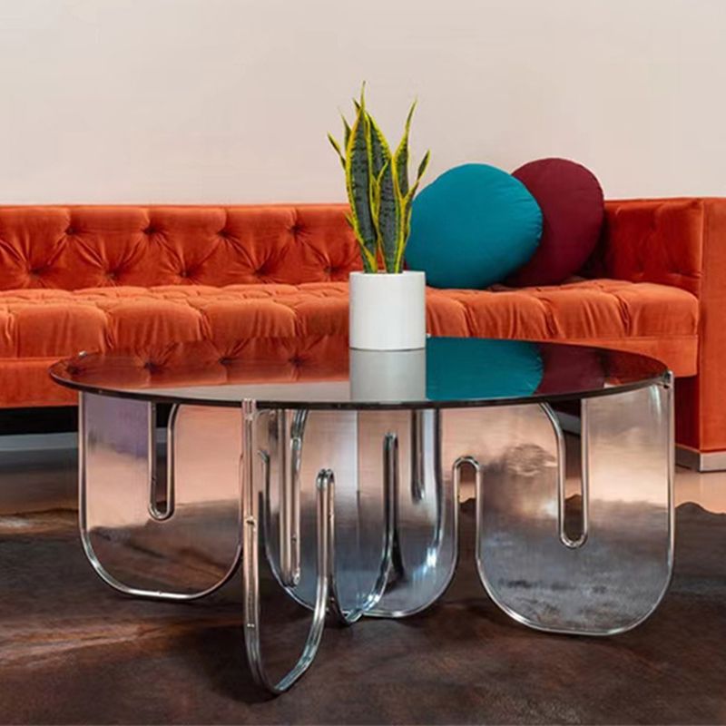 Contemporary Round Coffee Table with Glass Top and Acrylic Cross Base
