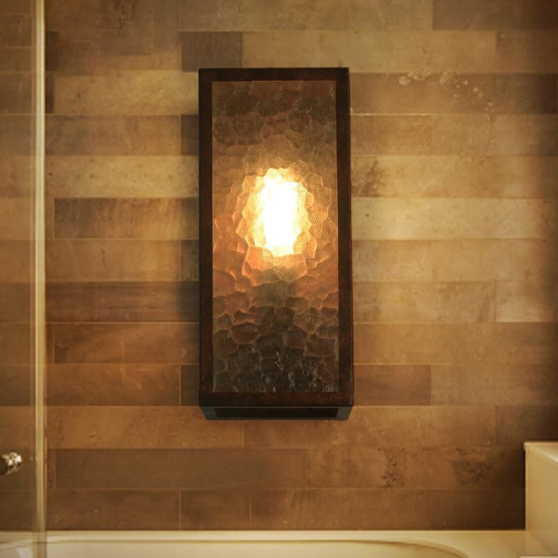 Rectangle Restaurant Sconce Lamp Clear Cracked Glass 1 Bulb Industrial Wall Lighting in Weathered Copper