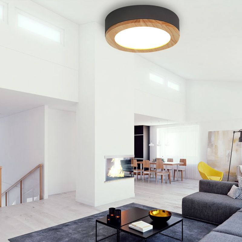 Drum Ceiling Light, Kids Flush Mount Light Fixture with Wood and Acrylic Shade for Bedroom