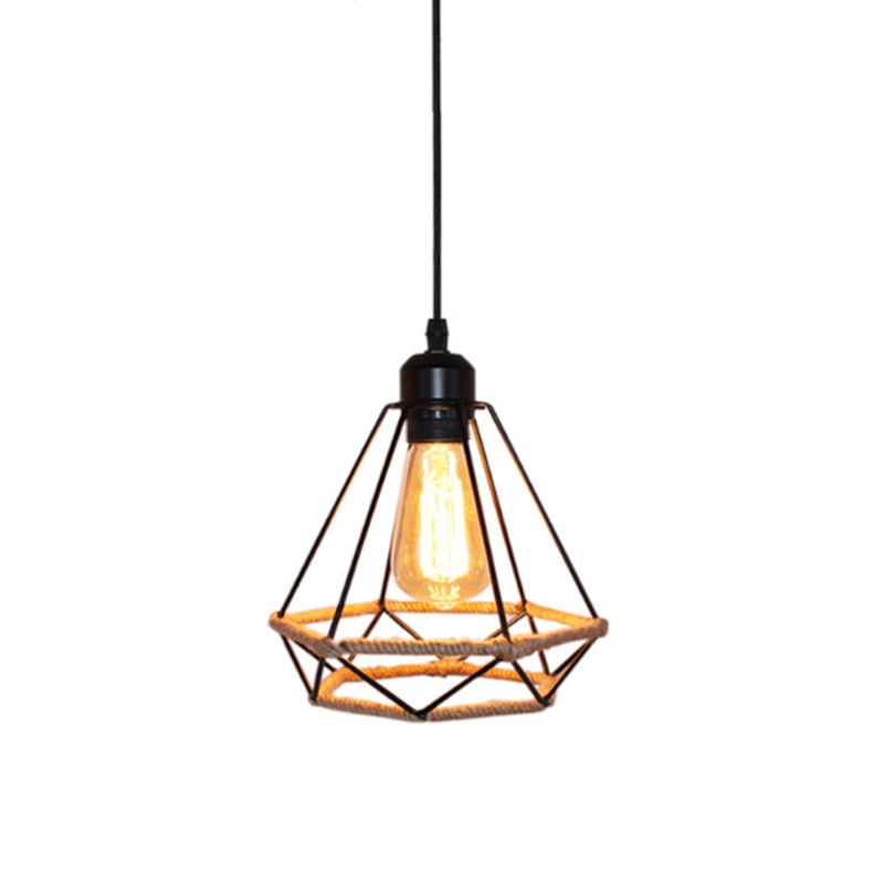 Luce appesa alla corda di canapa vintage con sfumatura a gabbia di ferro singolo lampadario lampada sospensione