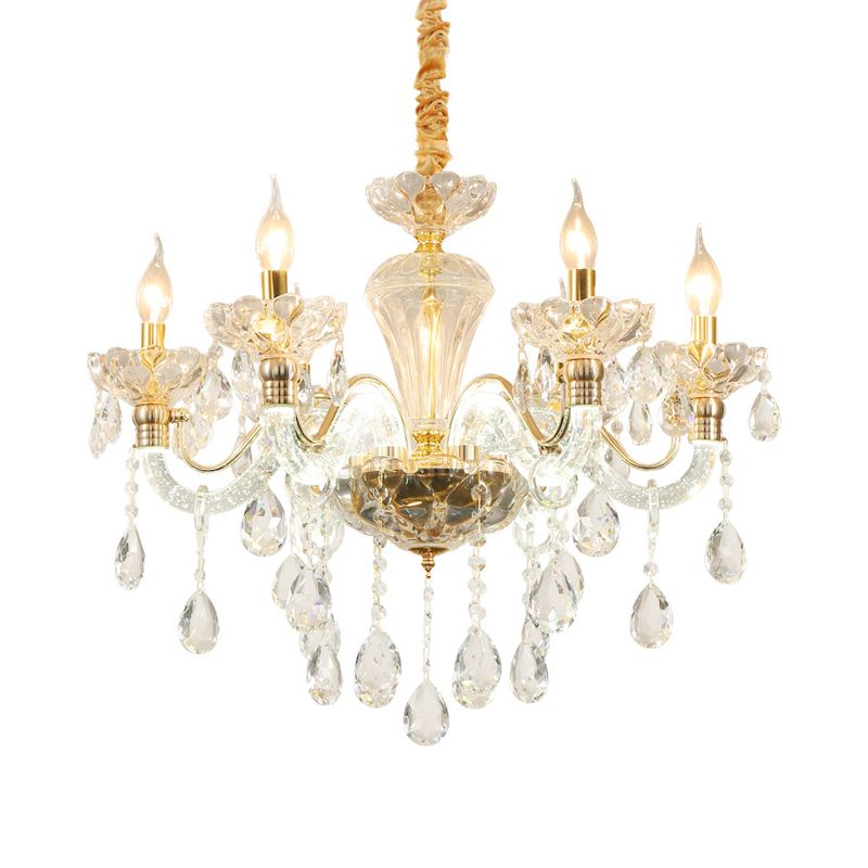 Candelabra Crystal Ceiling Chandelier Vintage 6 Lights Dining Room Pendant in Gold with Clear Glass Shade
