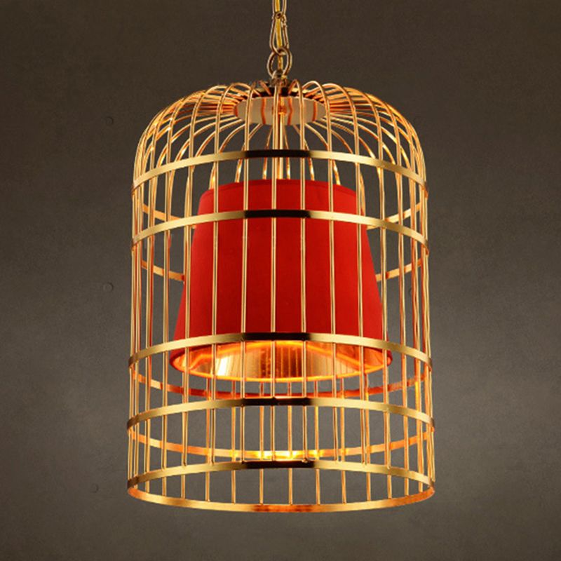 Golden Birdcage Design Metal Suspension Light Fabric Shade Creative Lighting Fixture with 35.5" Adjustable Hanging Chains