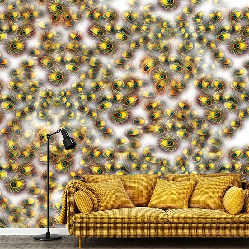 Contemporary Feather Mural Decal Non Woven Decorative Yellow and Green Wall Decor for Kitchen