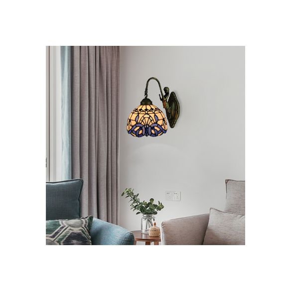 Victorian Dome Wall Light Fixture Art Glass 1 Light Wall Sconce Light with Mermaid for Corridor in White-Purple