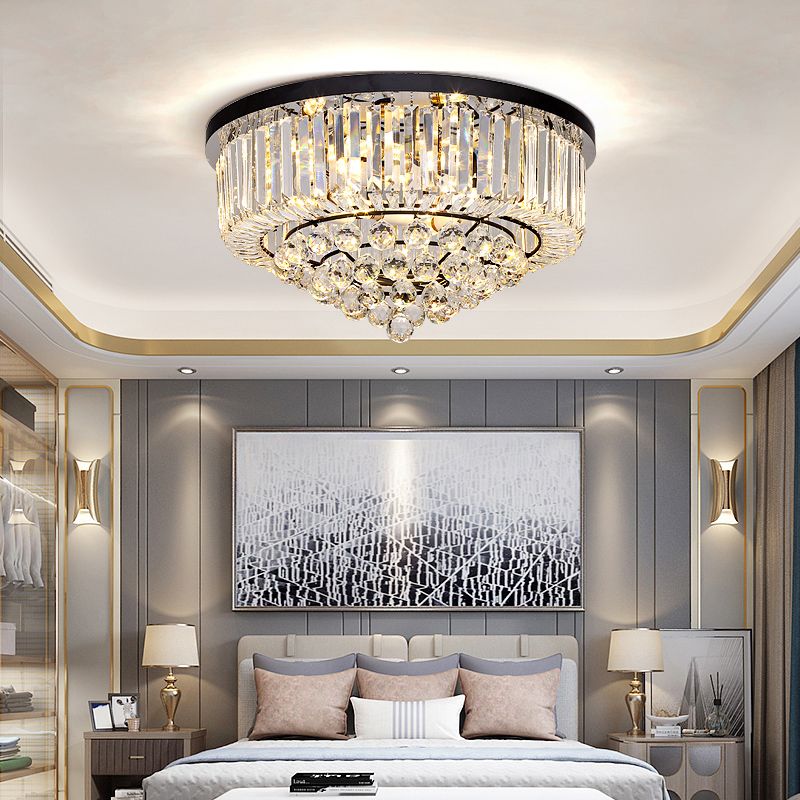 Minimalist Cone Shape Flush Light Clear Cut Crystal Bedroom Ceiling Mount Light in Black