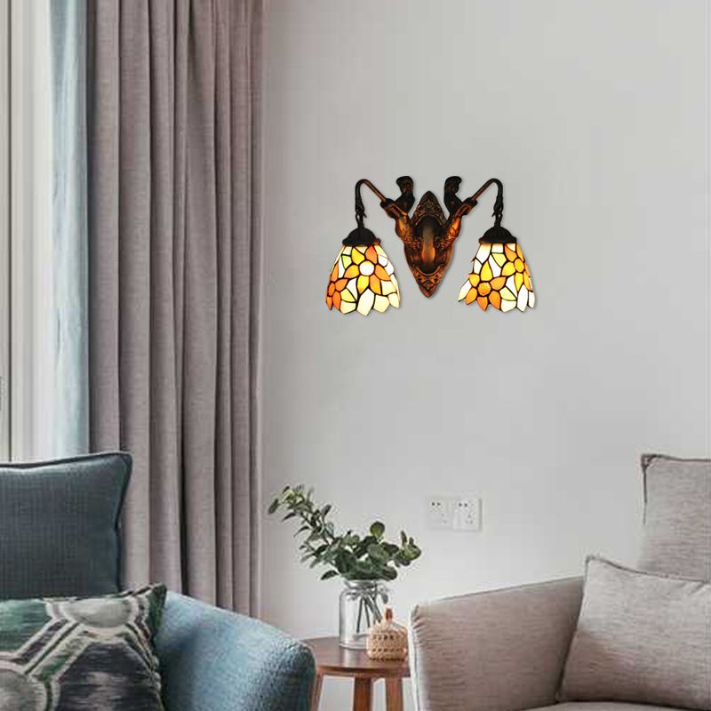 Stained Glass Floral Wall Light Fixture Victorian 2 Lights Orange Sconce Light with Mermaid Backplate