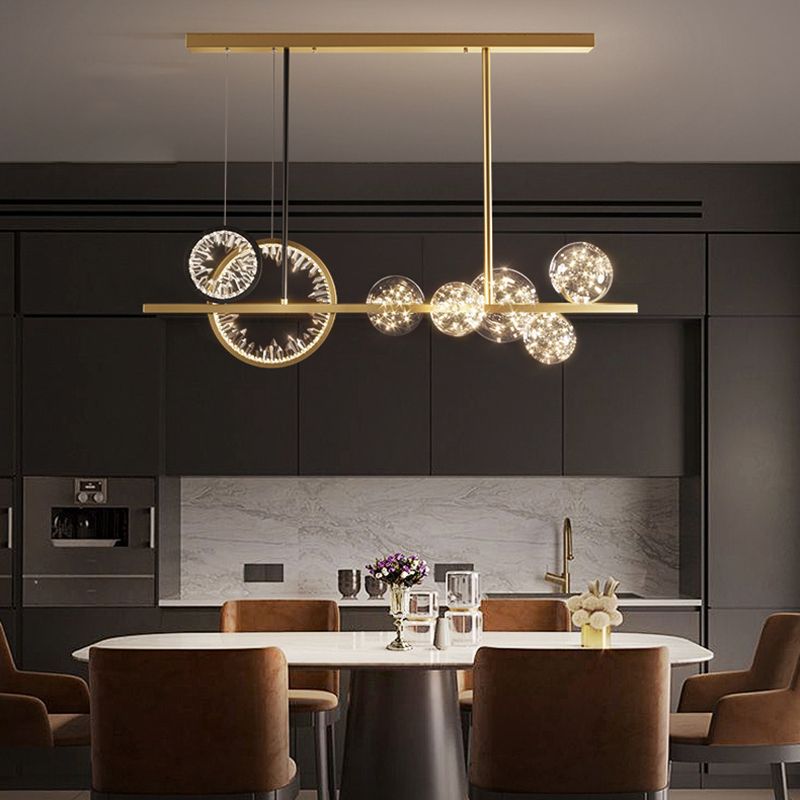 Glass Spherical Island Light Modern Gold LED Hanging Light with Crystal Accents