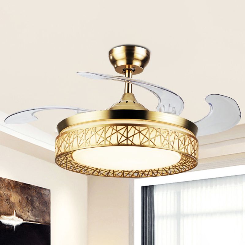 Gouden nestvormige 4 messen semi-flush mount eenvoudige led metallic plafondventilator licht, 19 "breed