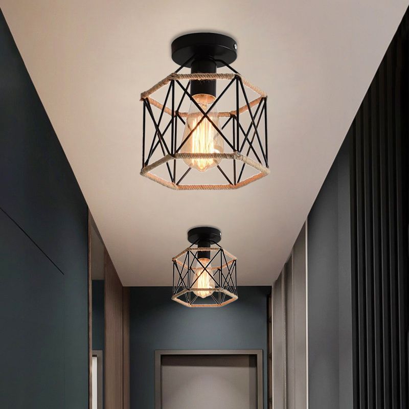 Black 1 Bulb Semi Flush Mount Light Lodge Style Metal and Rope Globe/Diamond Cage Ceiling Fixture for Hallway