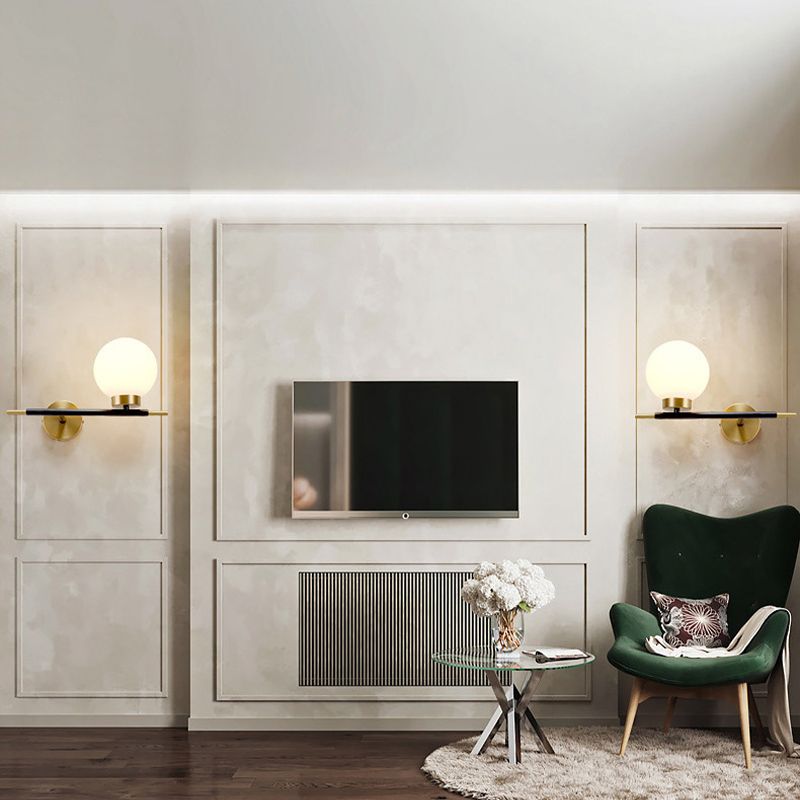Left/Right Sphere Wall Sconce Post-Modern White Glass 1/2 Bulbs Brass Finish Wall Light Fixture