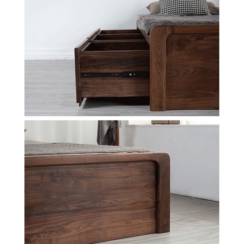 Modern Platform Bed Walnut Solid Wood Standard Bed with Storage