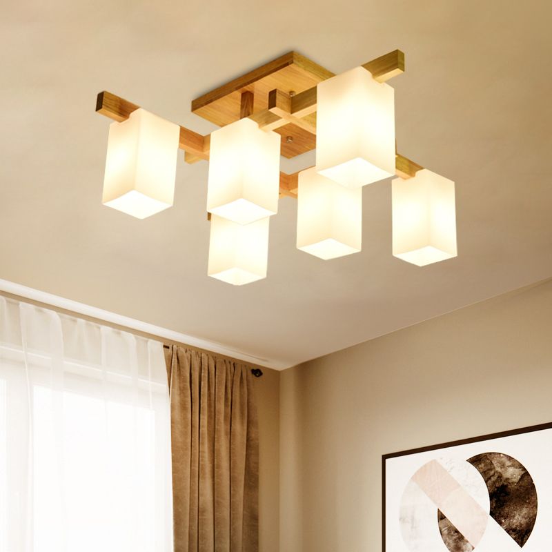 Milk Glass Cuboid Ceiling Lamp Contemporary 4/6/8 Lights LED Flush Ceiling Light in White for Living Room