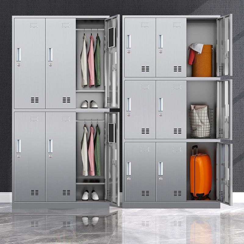 Silver Metal Cabinet with Hinged Doors Modern Steel Storage Cabinet for Home