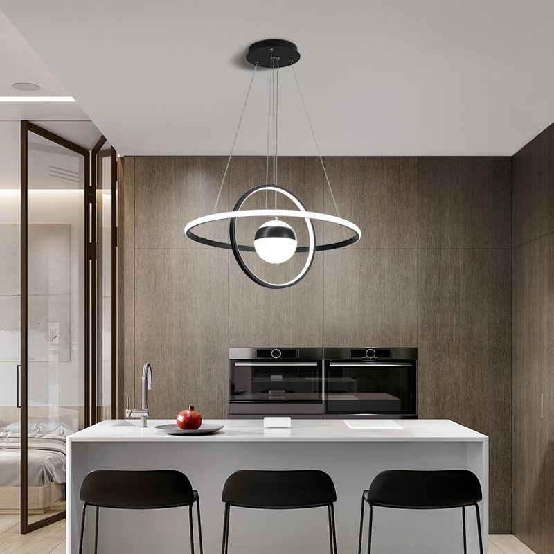 Ball and Ring Shaped Chandelier Minimalistic Acrylic Black Ceiling Pendant Light over Table
