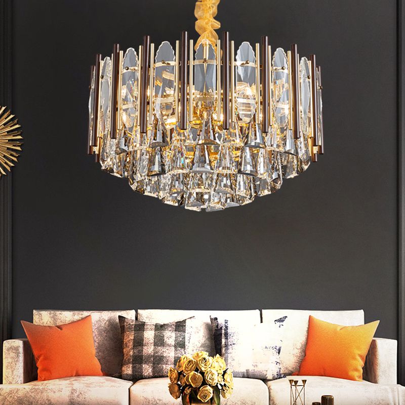 Cylinder Pendant Chandelier Contemporary Crystal 6/9 Heads Black Ceiling Hanging Light, 19.5"/23.5" Wide