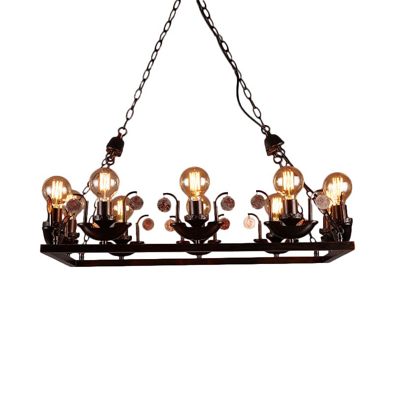 Rust Rectangular Pendant Chandelier Industrial Metal 10-Head Bedroom Hanging Ceiling Light