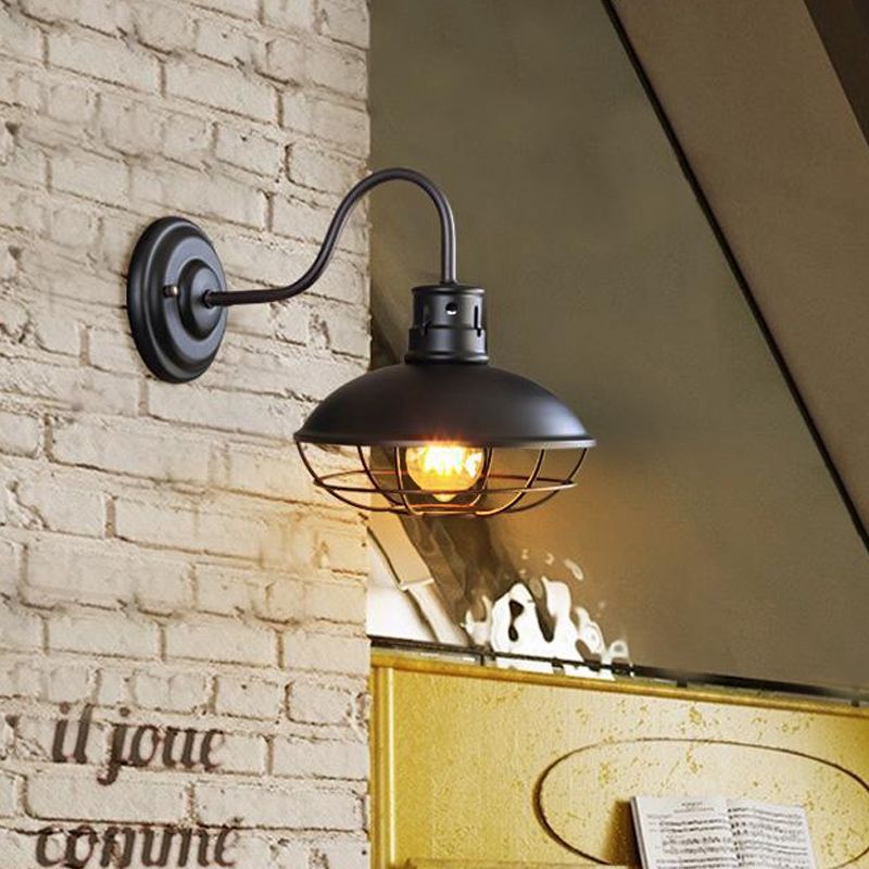 Wide Bowl Iron Wall Lamp Industrial Style 1-Light Bistro Sconce Wall Light with Bottom Wire Cage in Black/Coffee