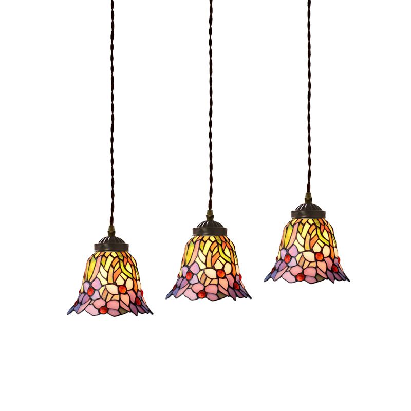 3-Licht-Speisesaal Multi-Pendelleuter leichter mediterraner rosa/blau/grün hängende Lampe mit ausgestattetem/kuppelfleckigen Glasschatten
