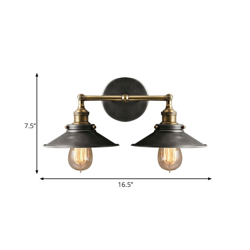 2 Heads Sconce Lamp Farmhouse Style Conical Shade Wrought Iron Wall Light Fixture in Antique Black
